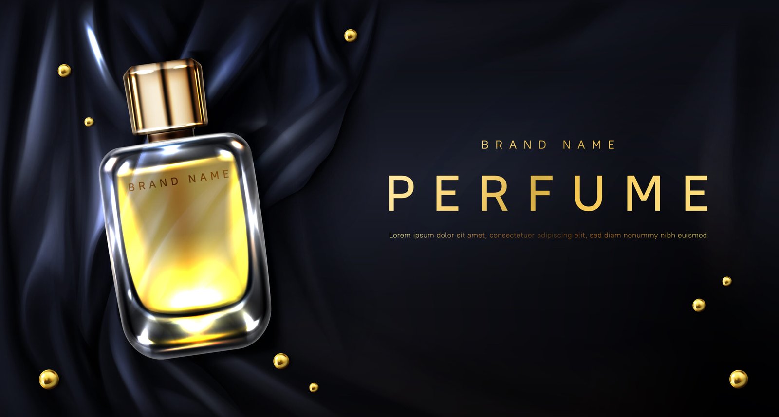 Perfume bottle on black silk folded fabric background. Glass flask with gold liquid and scattered pearls. Scent fragrance package design mockup, beauty cosmetic banner Realistic 3d vector illustration