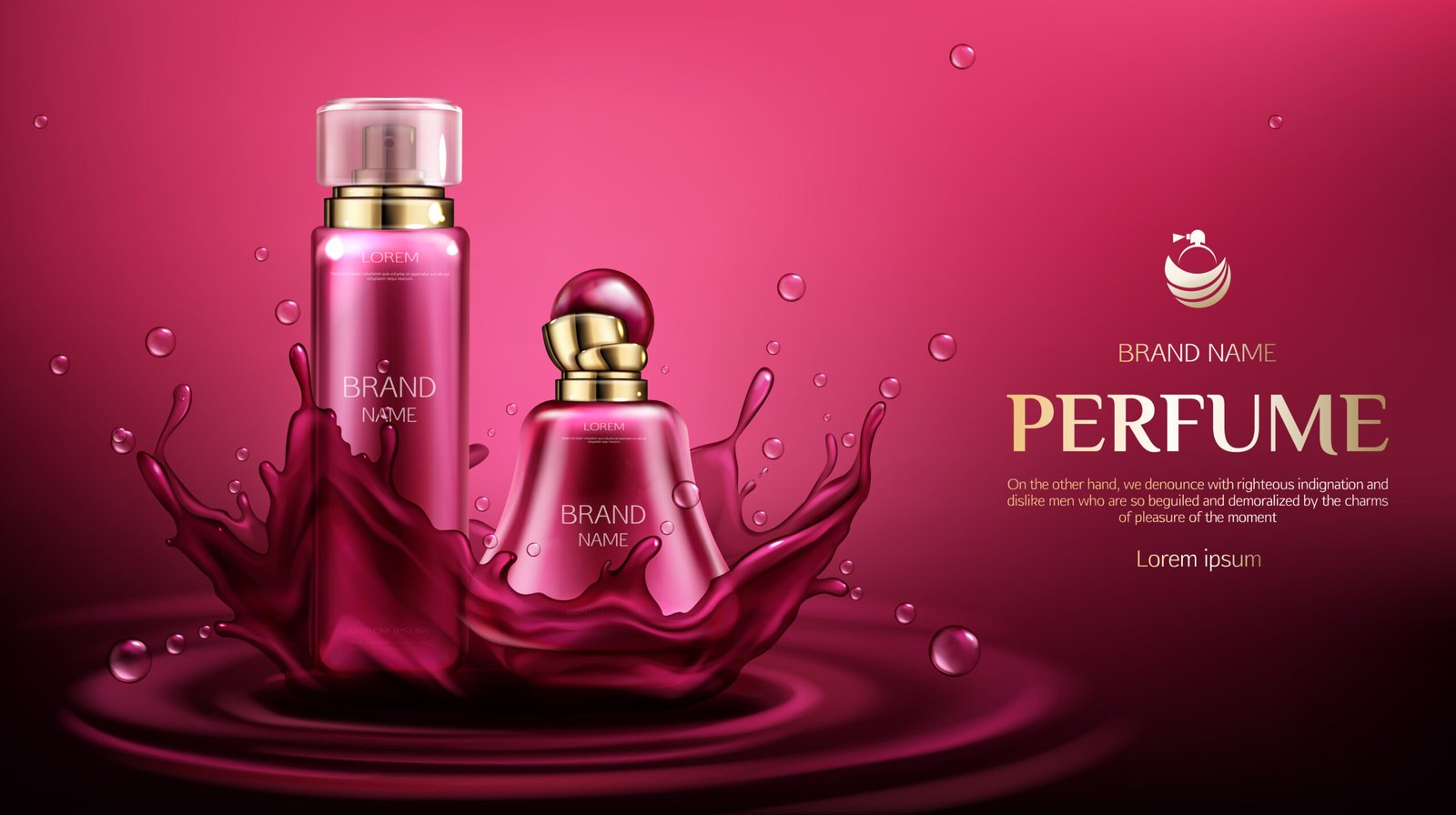 Perfume deodorant bottles on water splash background with drops. Glass pink tubes package design mockup. Female fragrance cosmetics product, ad promo poster Realistic 3d vector illustration, banner