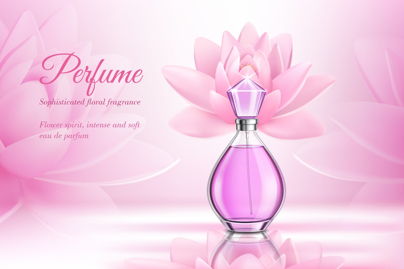 Perfume product rose composition for advertising of eau de parfum with floral fragrance realistic vector illustration